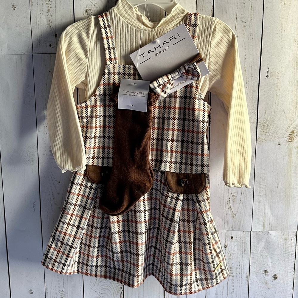 Tahari Cream and Brown Pleated Sundress with Mock Neck